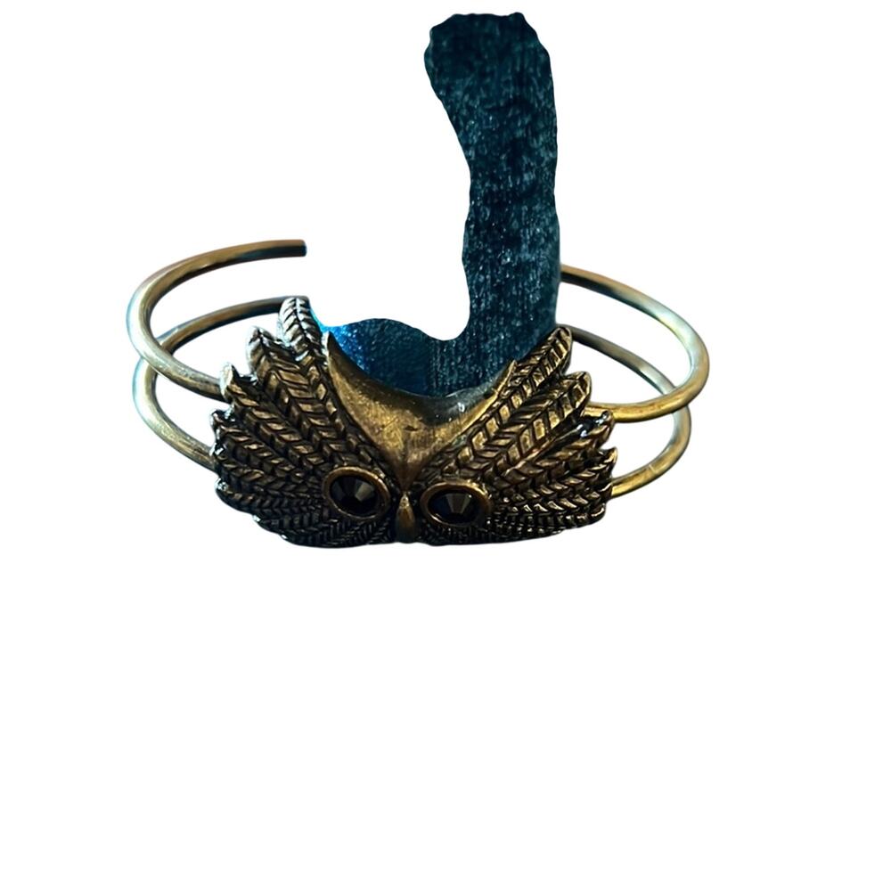 Bronzed Metal Owl Face Bracelet Hinged Nature Birds